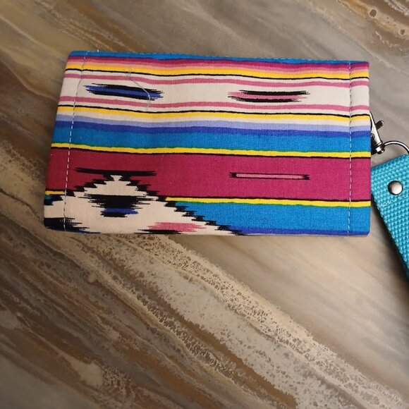 New Western Clutch Wristlet Wallet Pink Turquoise Geometric Trifold Zippy Pouch - Picture 3 of 7